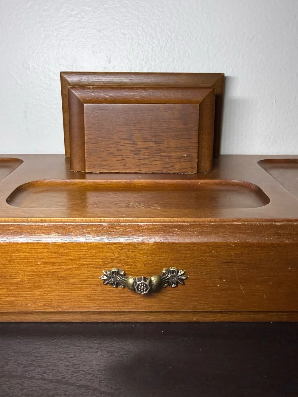 Vintage 1970s London Leather Wooden Valet Jewelry Box & Desk Organizer